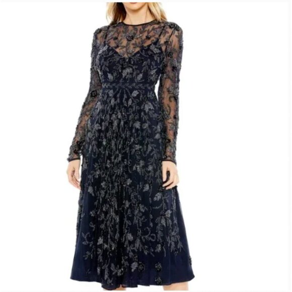 Mac Duggal Dress Womens 2 Navy Beaded Embroidered Long Sleeve Midi Formal 10799 - Picture 1 of 5